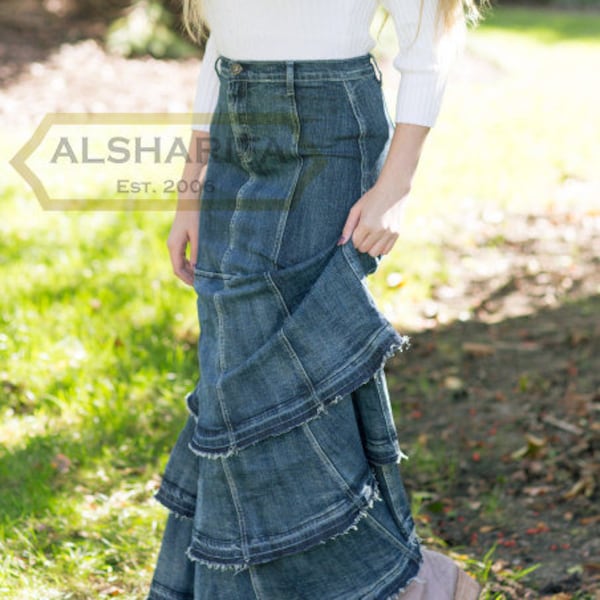 42" EXTRA LONG Denim Belle Skirt - Modest Jeans | Blue Tall Skirts | Flared | Tiered | STYLE BA006