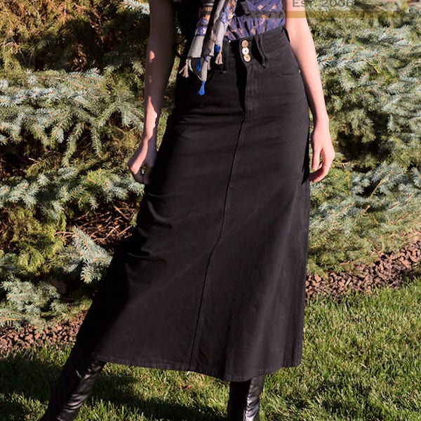 40" Long BLACK A-line Skirt | Women Long Cotton Twill Denim Skirts | STYLE BA001