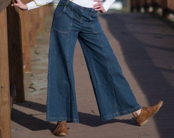 Long Wide-Leg Blue Denim Pants | Wide-legged Trousers for Women | Blue Jeans [BA005-L01-NP]