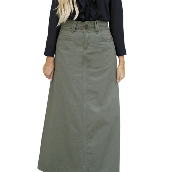 40" Long OLIVE GREEN A-line Skirt | Women Long Cotton Twill Denim Skirts | STYLE BA010