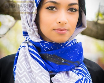 Geometric Themed Scarf with Glitter | Shawl | Muslim Hijab | 66" x 25" | Women Head Wrap