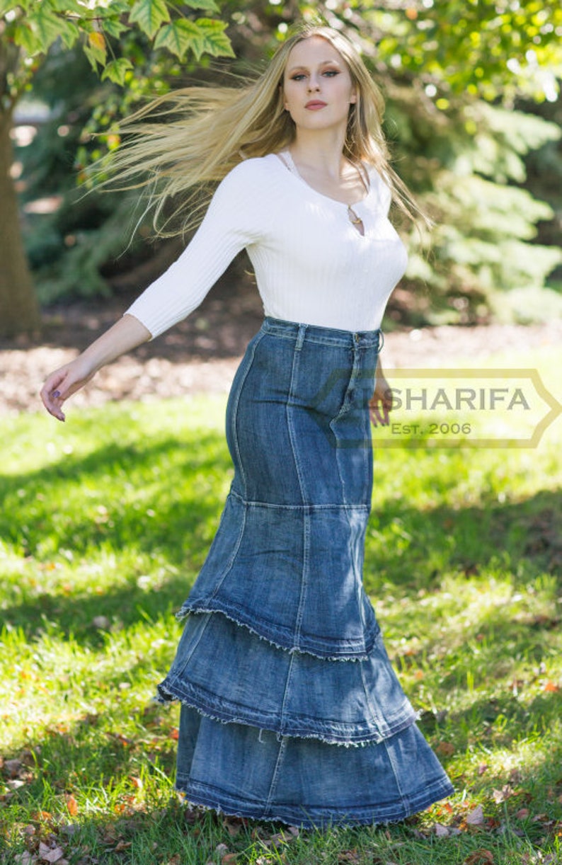 42 EXTRA LONG Denim Belle Skirt Modest Jeans Blue Etsy