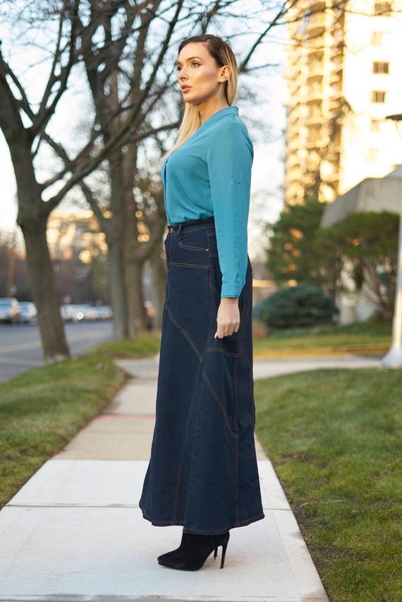 modest long denim skirts