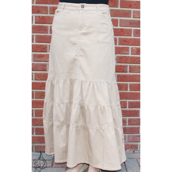 38" Long Boho Chic Tiered Tan Denim Skirt for Modest Women (BEIGE / TAN)