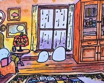 Lámina firmada de 5x7 pulgadas "Lectura en un día lluvioso"