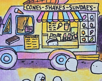 4x10 Signed Print "Little Ghost and Ice Cream Trucks"