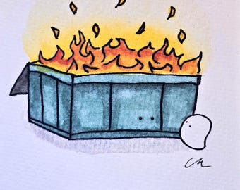 3.5x5 Signed Mini Print  "Little Ghost and Dumpster Fires"