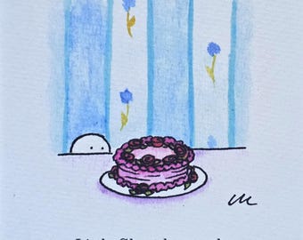3.5x5 Signed Mini Print  "Little Ghost and Cake"