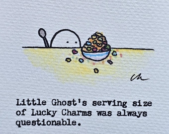 3.5x5 Signed Mini Print  "Little Ghost and Cereal"