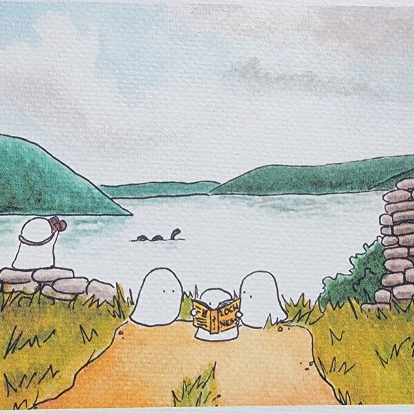 5x7 Print of Original Watercolor Illustration "Loch Ness Monster Chasers"