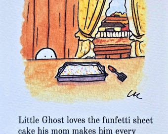 3.5x5 Signed Mini Print  "Little Ghost and Funfetti Sheet Cake"