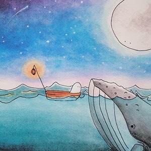 8x10 Print of Original Watercolor Illustration "The Ghost and the Whale"