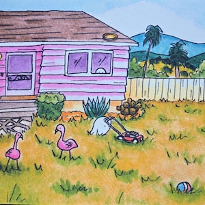 May include: Watercolor illustration of a pink house with a brown roof, a white fence, and palm trees. Two pink flamingos stand in the grass, and a lawnmower is being pushed by a ghost. A ball is on the grass.