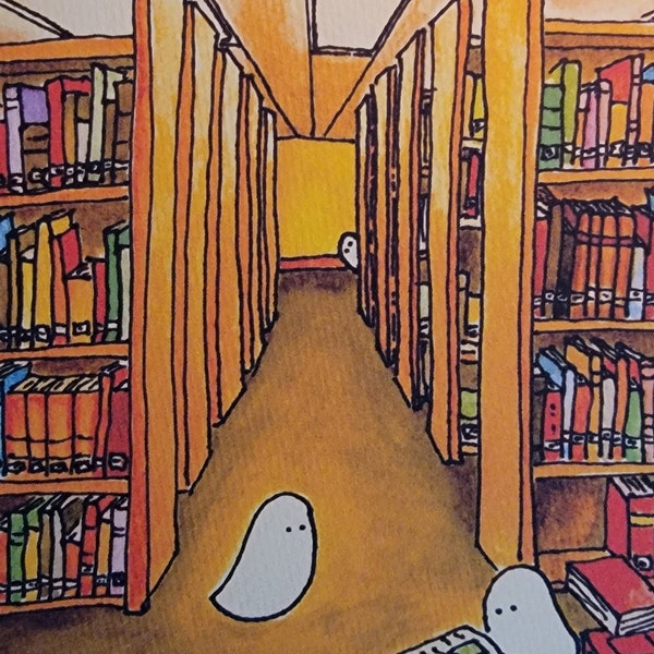 5x7 Print of Original Watercolor Illustration "Ghosts in a Library"