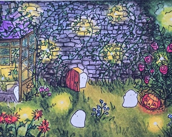 Stampa 5x7 dell'illustrazione originale ad acquerello "Fantasmi in un giardino segreto"