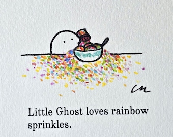 3.5x5 Signed Mini Print  "Little Ghost and Rainbow Sprinkles"