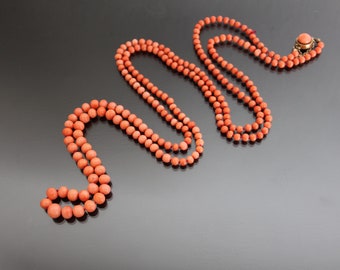 Victorian 42" Italian Salmon Pink, Graduated, Antique Beaded Knotted Necklace.