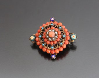 Bressan Enamel Brooch. Mediterranean Coral, French Antique