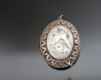 Victorian Aesthetic Heron Photo Locket, Silver 800, Antique Fine Pendant, Engraved Floral Keepsake