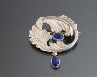 Jugendstil Cobalt Glass Brooch. 925 Sterling Silver. Antique Arts And Crafts.