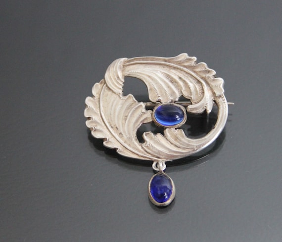 Jugendstil Cobalt Glass Brooch. 925 Sterling Silv… - image 1