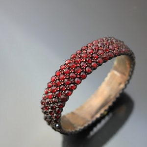 Antique Bohemian Garnet Bangle Hinged Bracelet. Victorian Pave Rose Cut Garnets.