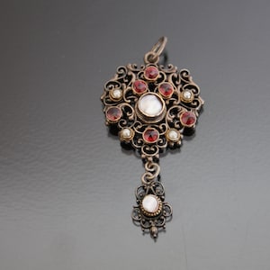 Victorian Silver 800 Neo-Renaissance Pendant. Antique Garnet, Filigree