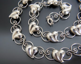 Art Deco 835 Silver Necklace Leaf Heart . Repousse Floral Modernist
