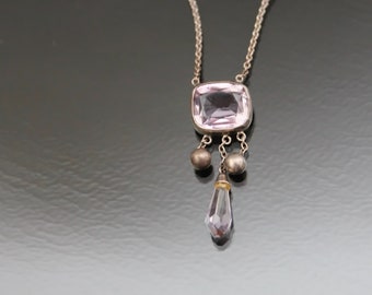 Edwardian Amethyst Necklace. 900 Silver Open Back Set. Antique Lavaliere Pendants.