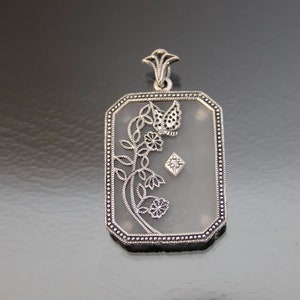 Art Deco Camphor Glass Pendant. Diamond. Sterling Silver 925. Floral, Butterfly. Something Old, Wedding