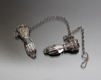 Victorian Hands Pendants. 835 Silver. Antique Austro-Hungarian Chatelaine Needle Holders.