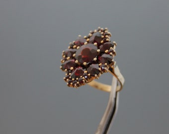 Vintage boho-granaatcocktailring, 800 zilver, geelgoud verguld, maat 7 3/4