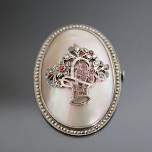 Edwardian Giardinetti Brooch. Marcasite, Paste, Mother Of Pearl Pendant. Silver 800 Antique MOP