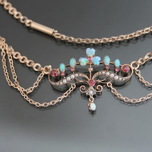 Jugendstil Faux Ruby, Opal, Rose Gold Gilt Festoon Necklace. Antique Art Nouveau Jewelry, Clover, Trefoil