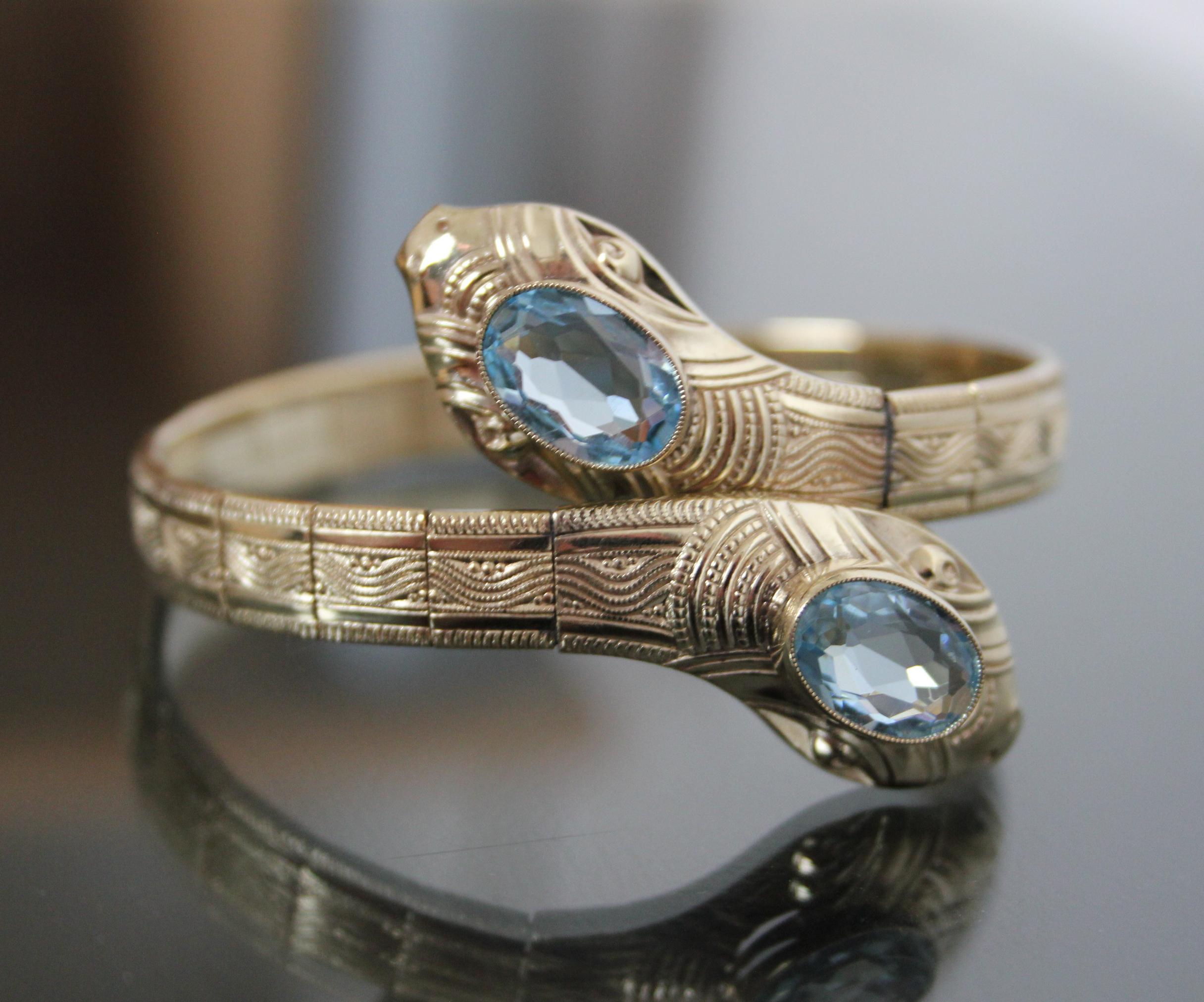 Art Deco Snake Bracelet. Serpent Gilded Flexible Bangle. Egyptian 
