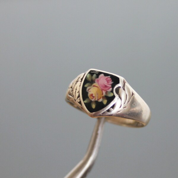 Victorian Signet, Hand Painted Enamel, Roses, Shield, Silver 800 Ring. Antique.