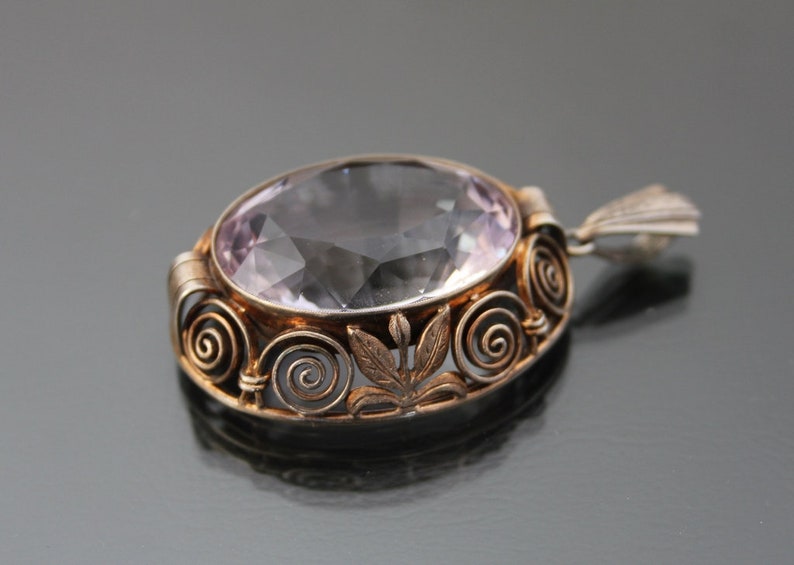 Art Deco BIG Purple Stone Pendant. Silver 835 Vintage Geometric Necklace. image 8