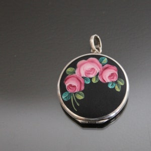 Roses. Edwardian Floral Matte Enamel Photo Locket. Silver 800, Antique Monogrammed CM MC Pendant.