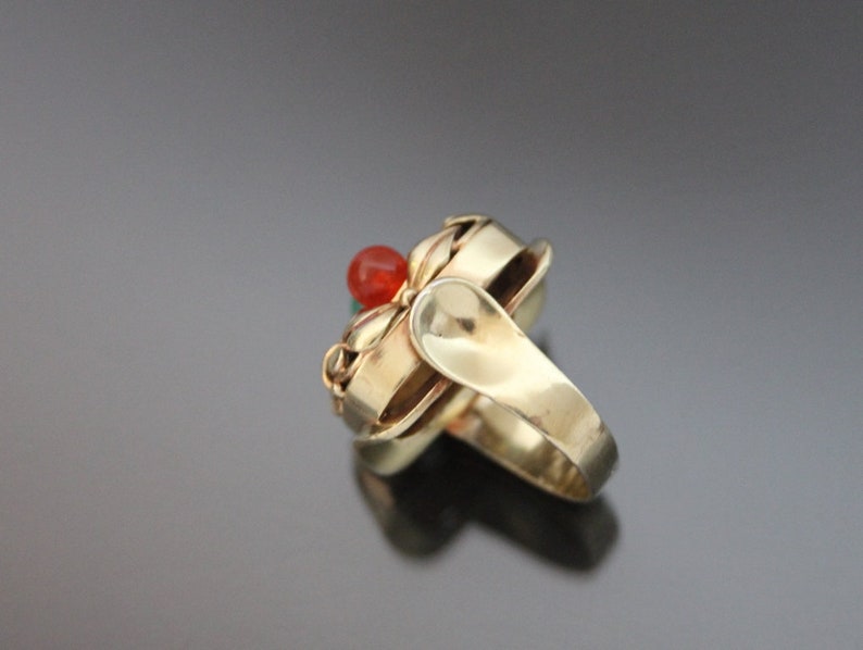 Big Art Deco Floral Jade Carnelian "Fruit Salad" Ring. 835 Silver. Size 6 Gemüsering Antiker Openwork image 7