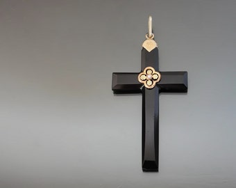 Victorian Onyx 750 Silver Sapphire Crucifix Cross. Carved Stone Antique Mourning Pendant Whitby Jet