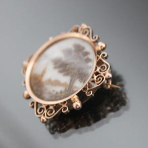May include: A gold-toned brooch with a delicate, ornate design. The brooch features a round cameo with a white background and a detailed image of a tree in shades of brown.
