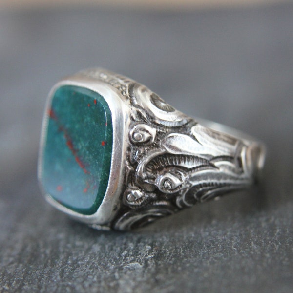 Art Deco Mens Signet Ring. Bloodstone Silver 835,  Size 8 3/4 Antique Fob Ring. Gentlemen's, Unisex