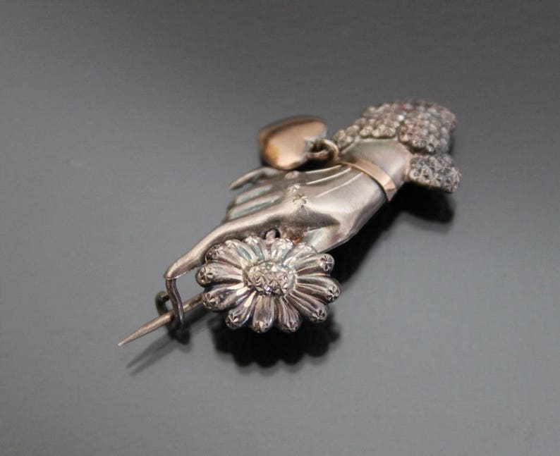 Embossed Hammered Aesthetic Antique Victorian Hand With Flower Articulated Brooch Sterling Silver 925 Repousse