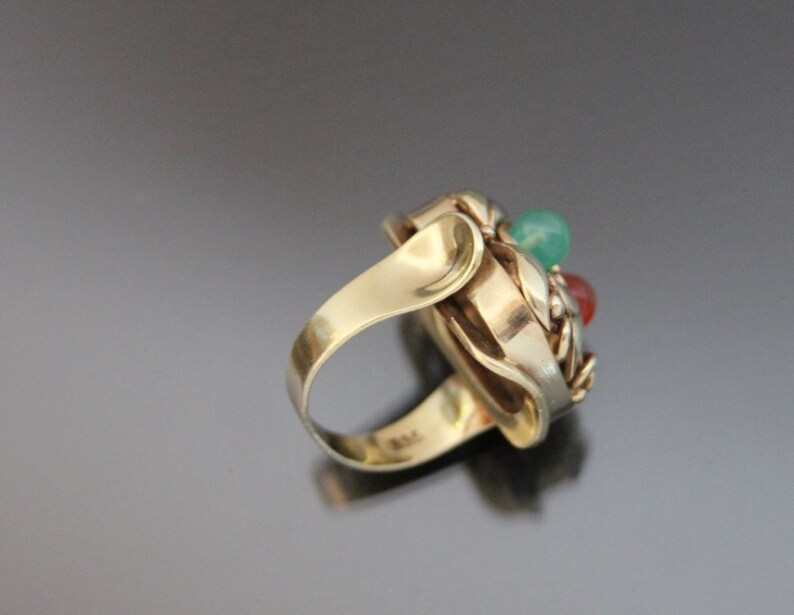 Big Art Deco Floral Jade Carnelian "Fruit Salad" Ring. 835 Silver. Size 6 Gemüsering Antiker Openwork image 6
