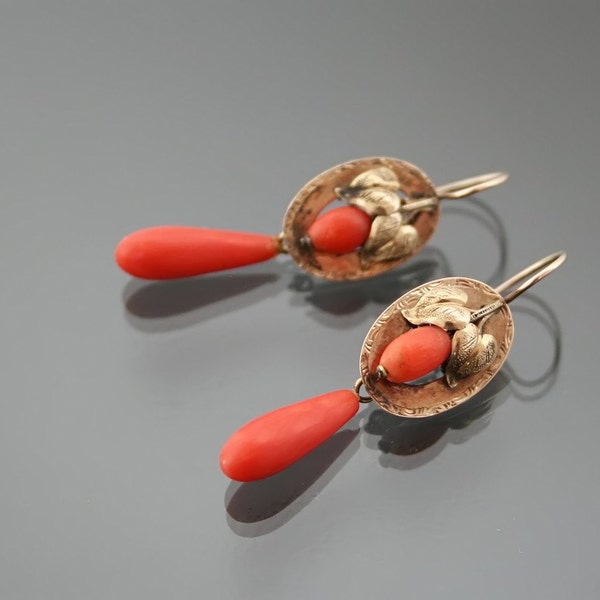 Victorian 900 Silver Earrings. Salmon Pink Coral Dangle Drop Repousse Floral Antique Earrings.  Rose Gold Filled