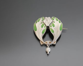 Jugendstil 800 Silver Enamel Geometrical Brooch. Vintage Monogrammed FW WF Arts and Crafts.