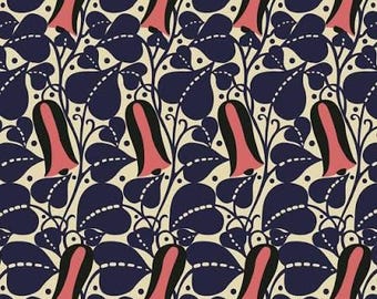 May include: A repeating textile pattern featuring stylized bell-shaped flowers in coral pink and black, set against a background of dark navy blue heart-shaped leaves and thin stems on a cream-colored surface, creating a dense botanical design.
