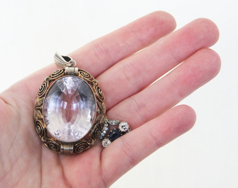 Art Deco BIG Purple Stone Pendant. Silver 835 Vintage Geometric Necklace. image 2