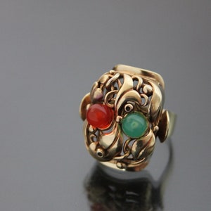Big Art Deco Floral Jade Carnelian "Fruit Salad" Ring. 835 Silver. Size 6 Gemüsering Antiker Openwork image 4