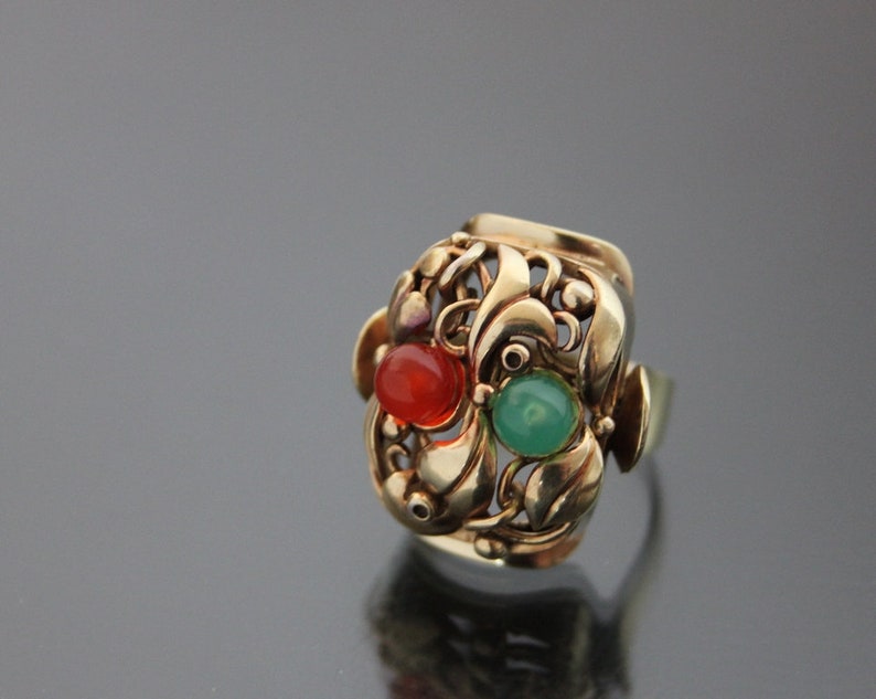 Big Art Deco Floral Jade Carnelian "Fruit Salad" Ring. 835 Silver. Size 6 Gemüsering Antiker Openwork image 4
